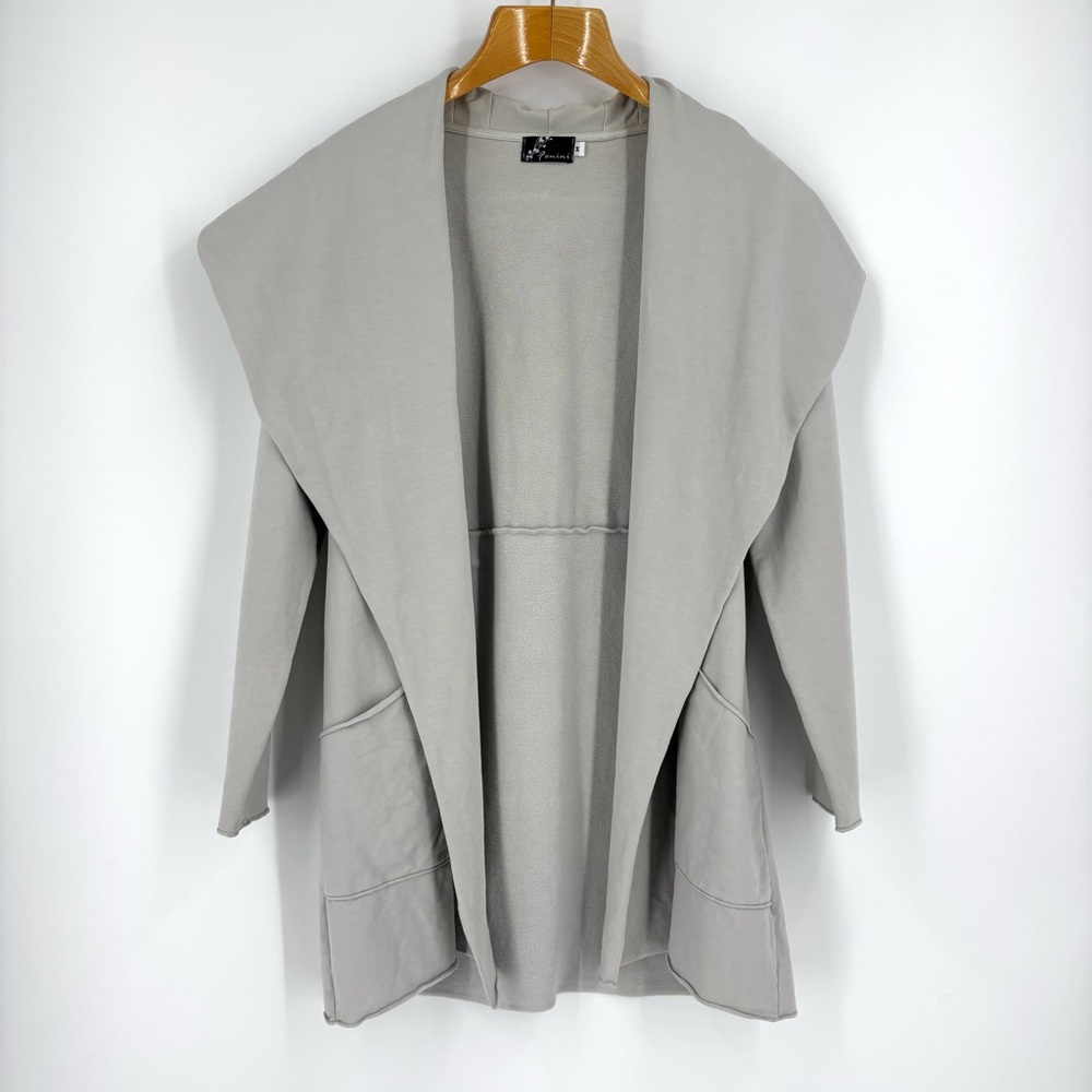 Fenini Stone Gray Cotten Jersey Wide Collar Pocketed  Open Front Topper, XL